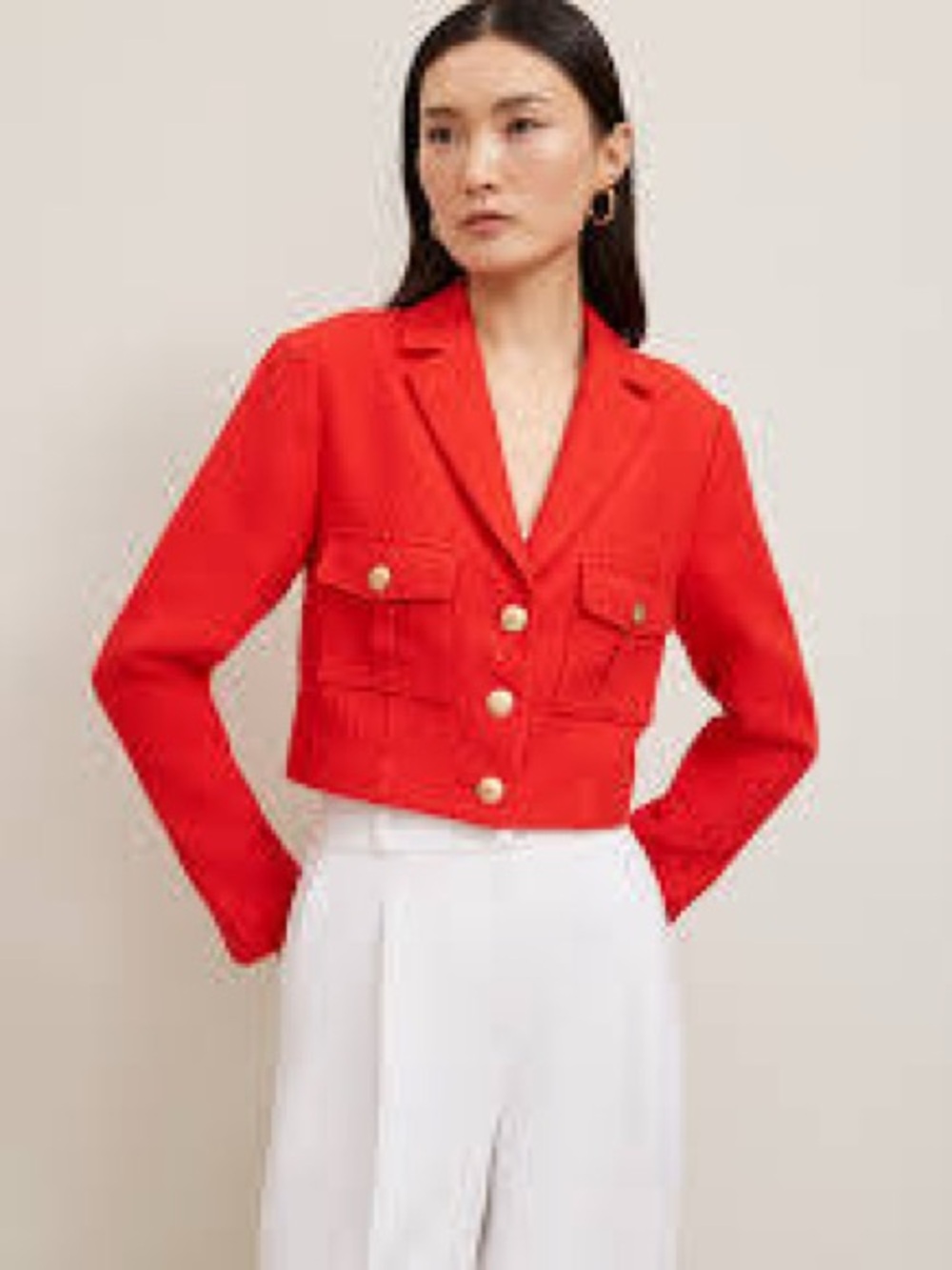 NWT Ann Taylor Bright Red Textured Cropped Blazer Gold Buttons 2P